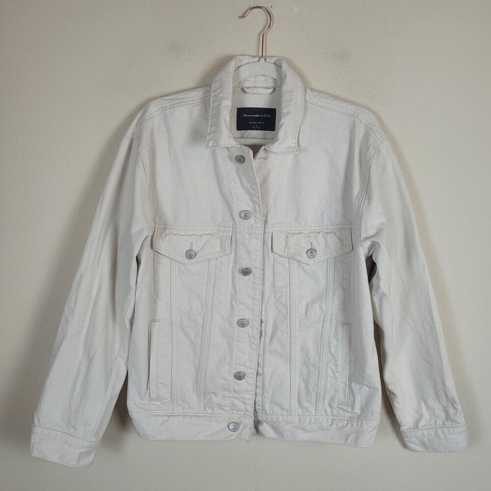 Abercrombie & Fitch White/ Cream Denim Oversized Relaxed Stretch Jean Jacket